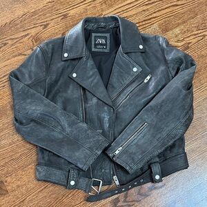 Zara Distressed Black Leather Jacket